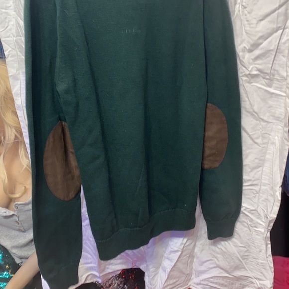 Men’s Green Chaps Sweater with leather elbow patches nice big neck size Medium - Picture 6 of 8